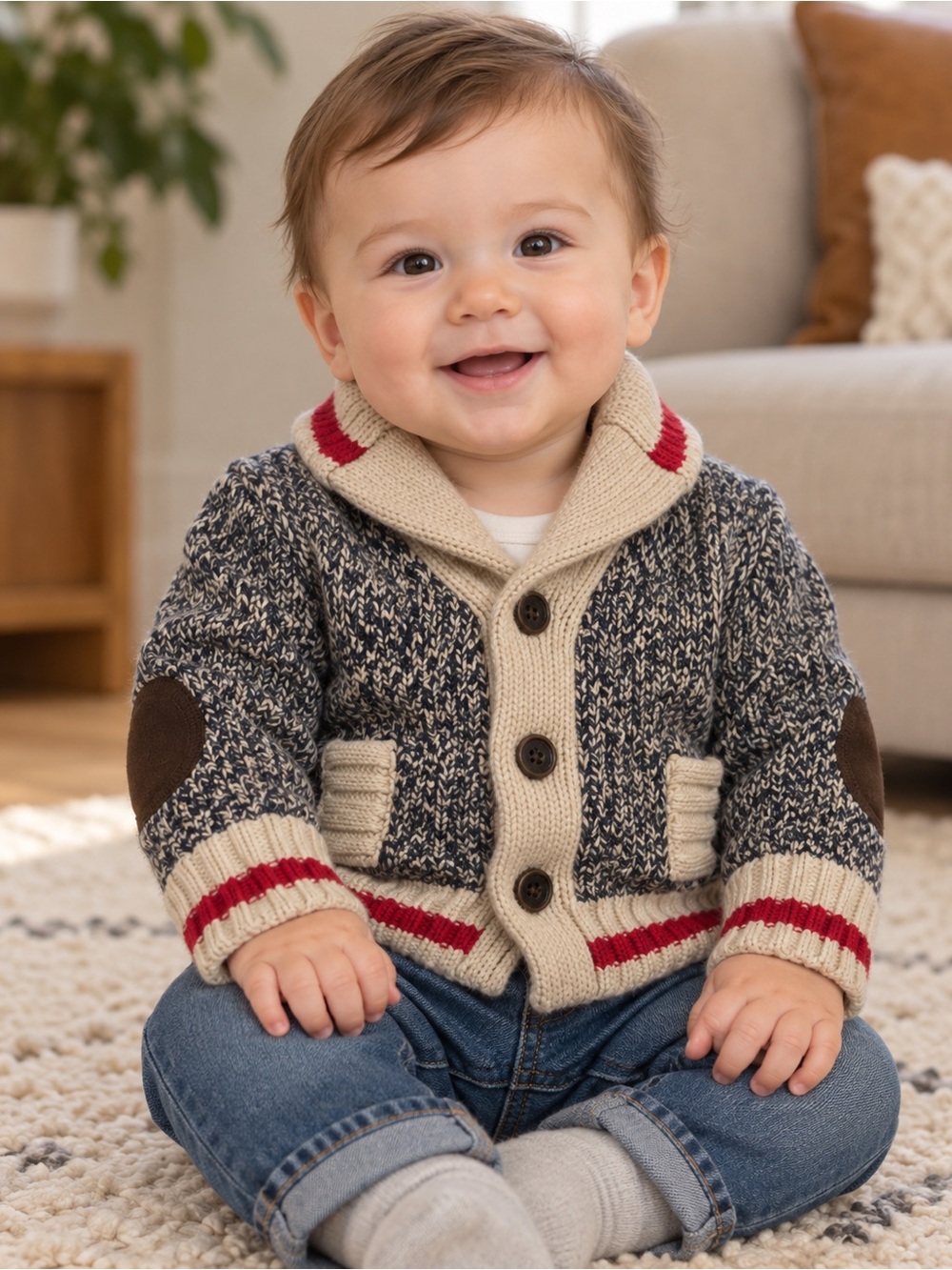 Roots Cabin Shawl Collar Marled Cardigan | 6–12 M | Grey/Tan/Red